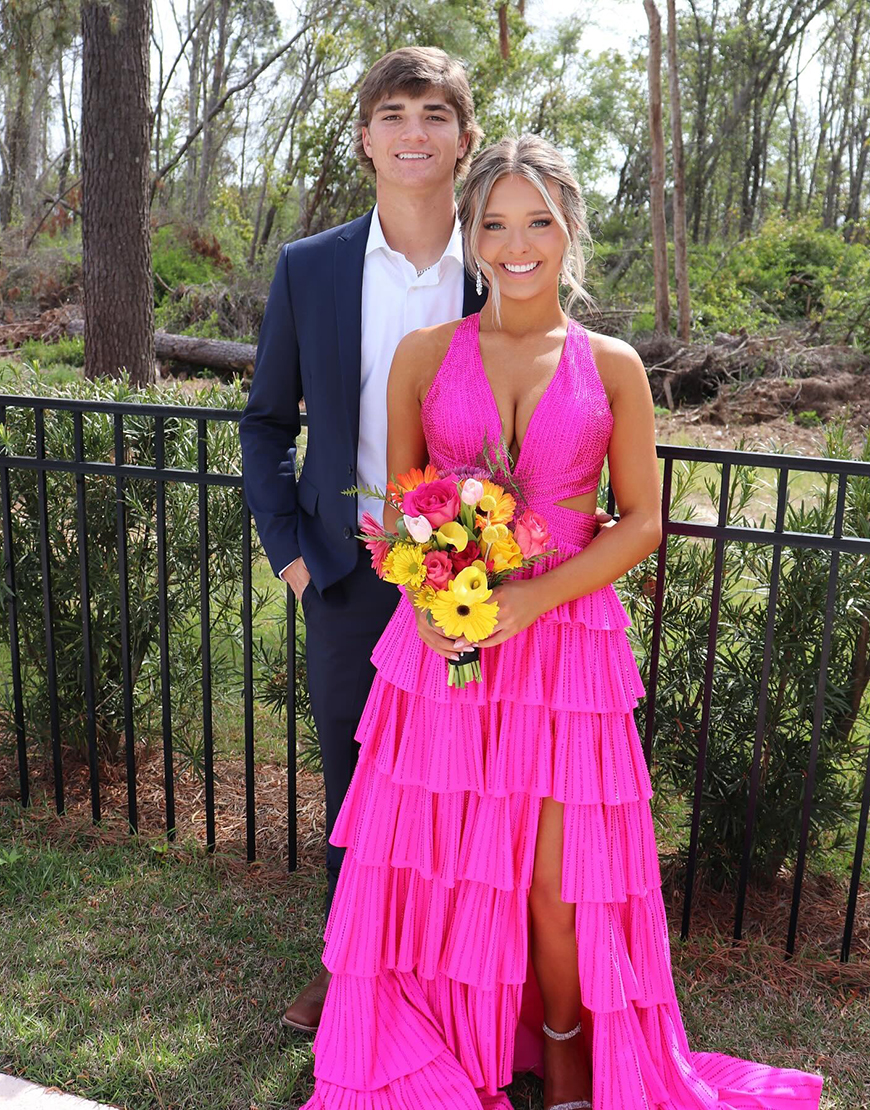 Sparkly Fuchsia Halter Beaded Ruffled Long Prom Dress with Slit
