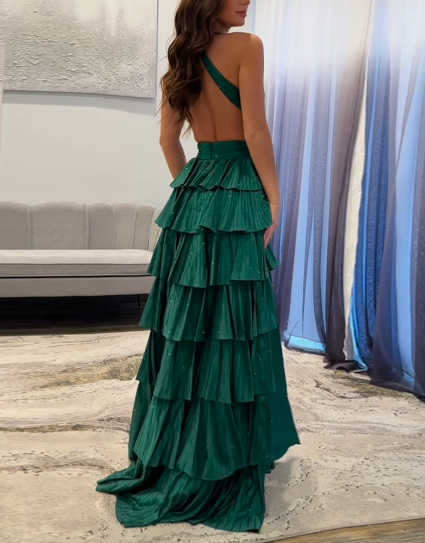 Sparkly Fuchsia Halter Beaded Ruffled Long Prom Dress with Slit