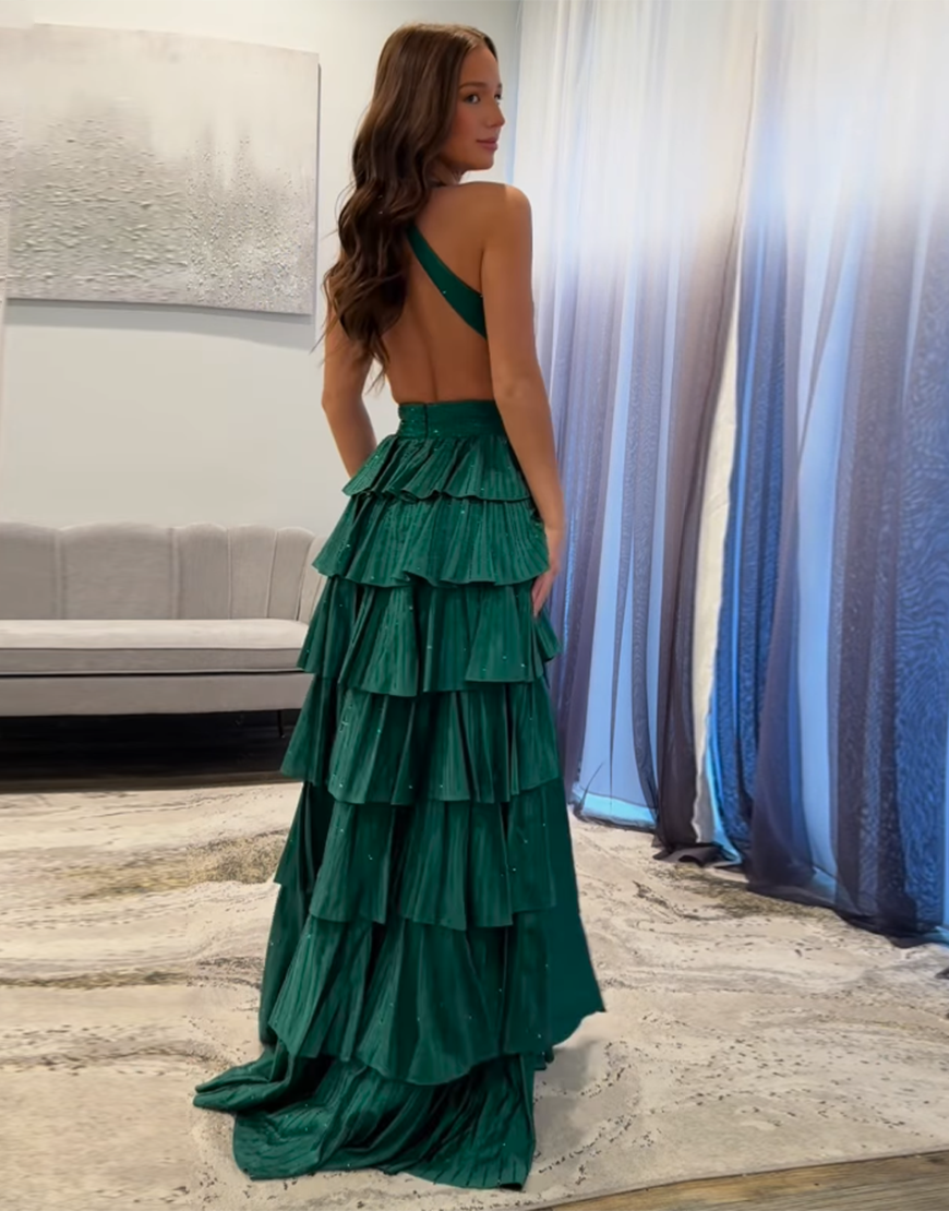 Sparkly Fuchsia A-Line Halter Beaded Ruffles Long Prom Dress with Slit