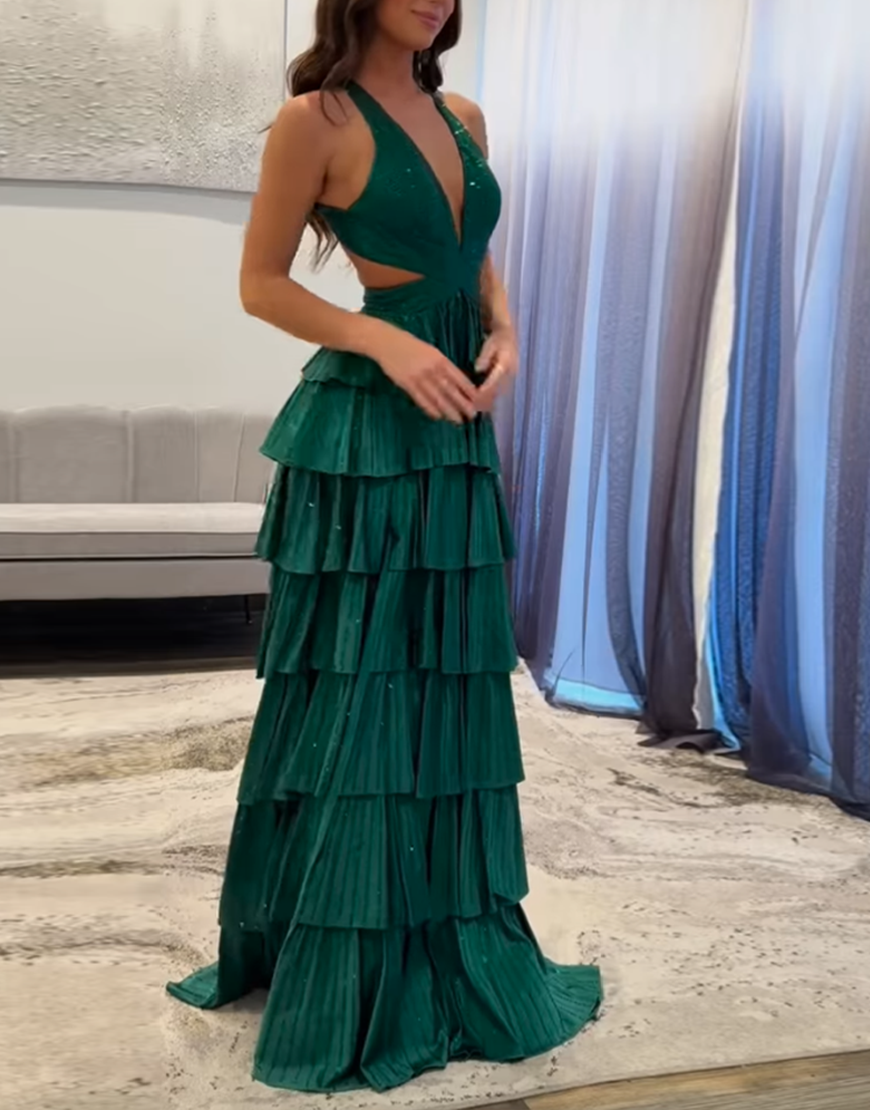 Sparkly Fuchsia Halter Beaded Ruffled Long Prom Dress with Slit