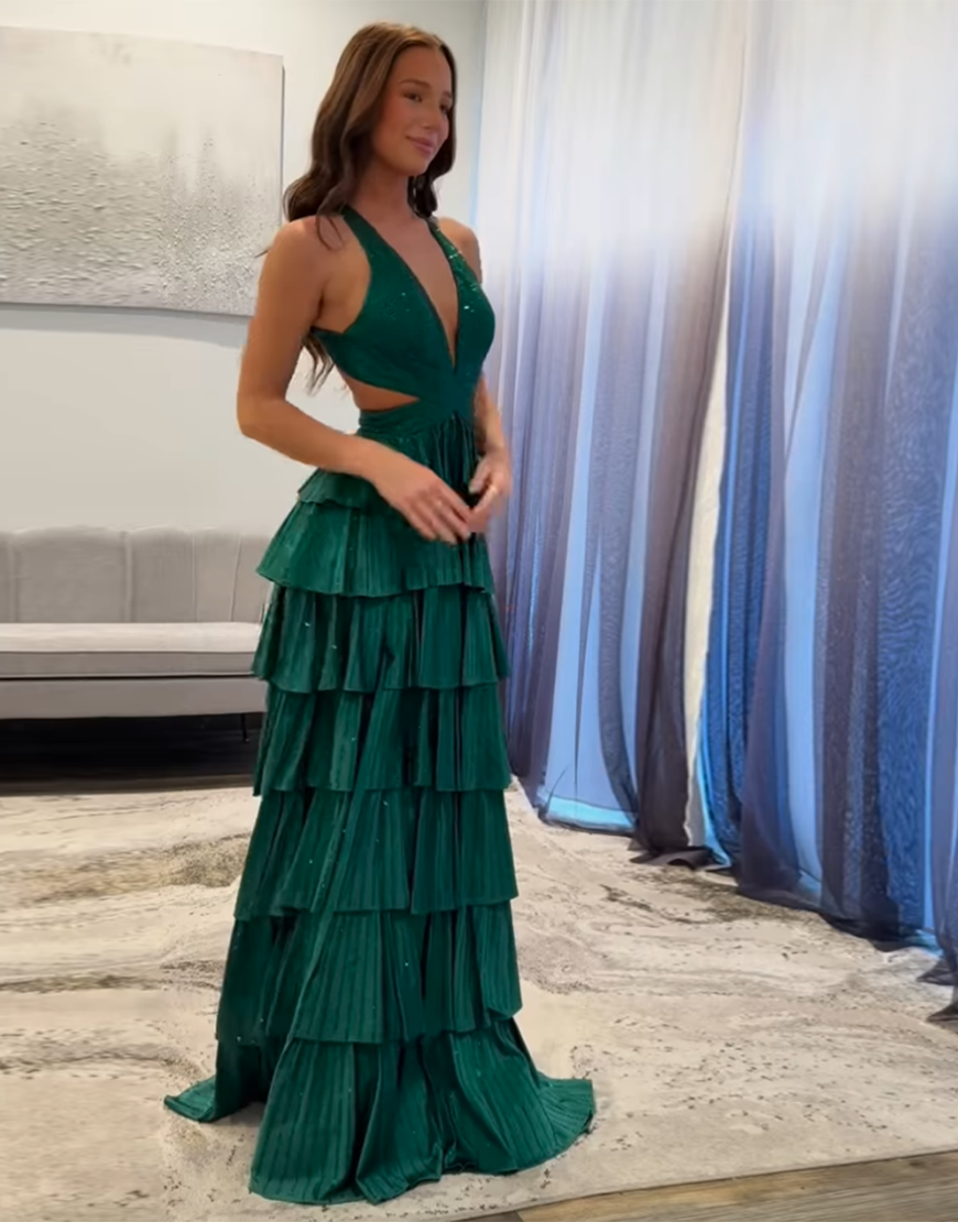 Sparkly Fuchsia A-Line Halter Beaded Ruffles Long Prom Dress with Slit