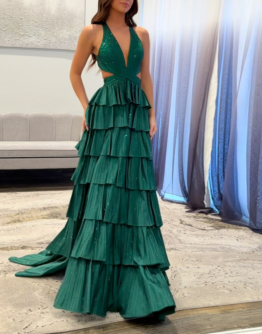 Sparkly Fuchsia Halter Beaded Ruffled Long Prom Dress with Slit