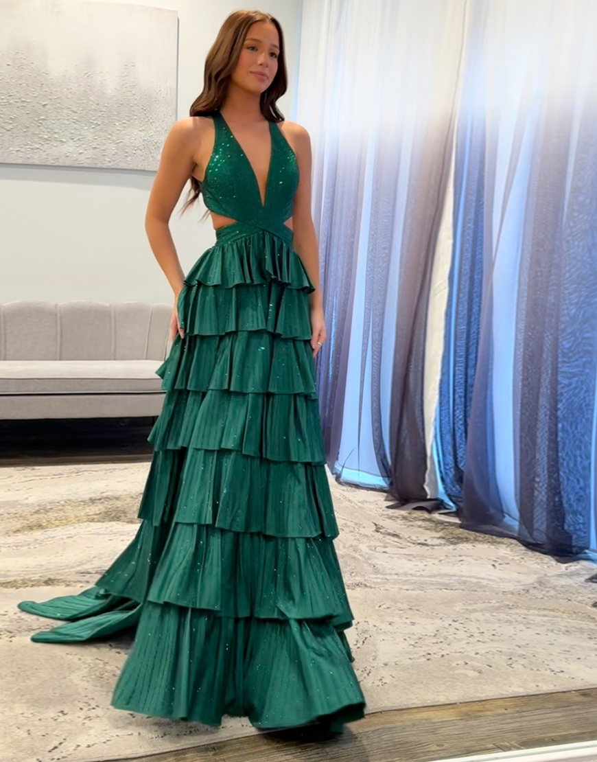 Sparkly Fuchsia A-Line Halter Beaded Ruffles Long Prom Dress with Slit