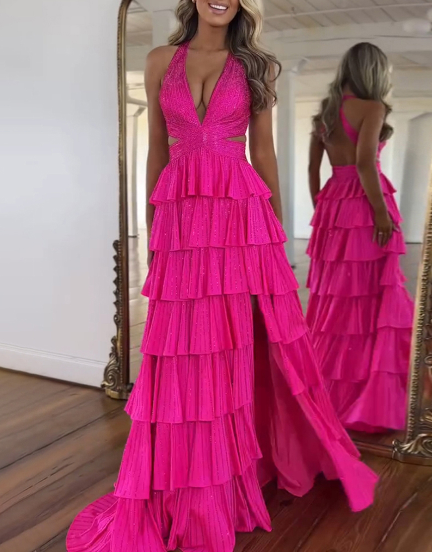 Sparkly Fuchsia Halter Beaded Ruffled Long Prom Dress with Slit