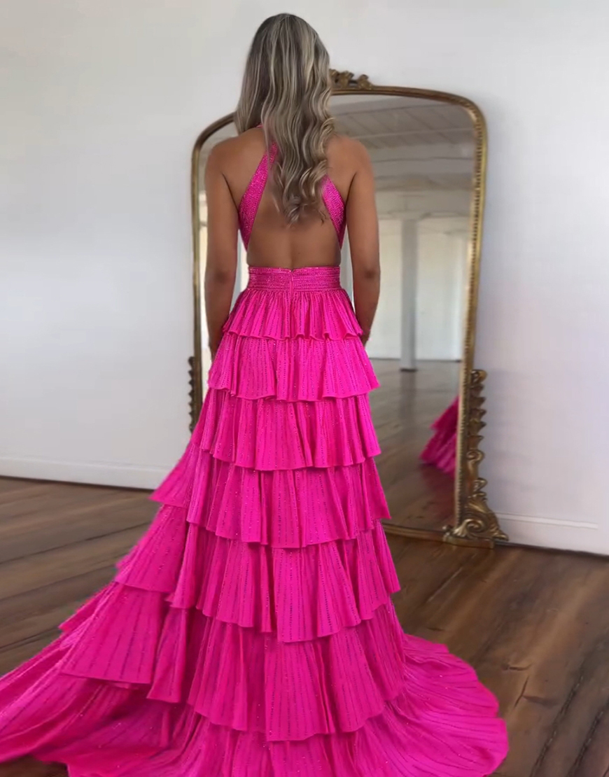 Sparkly Fuchsia A-Line Halter Beaded Ruffles Long Prom Dress with Slit