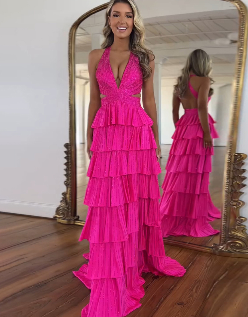Sparkly Fuchsia A-Line Halter Beaded Ruffles Long Prom Dress with Slit