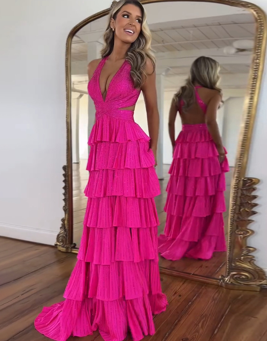 Sparkly Fuchsia A-Line Halter Beaded Ruffles Long Prom Dress with Slit