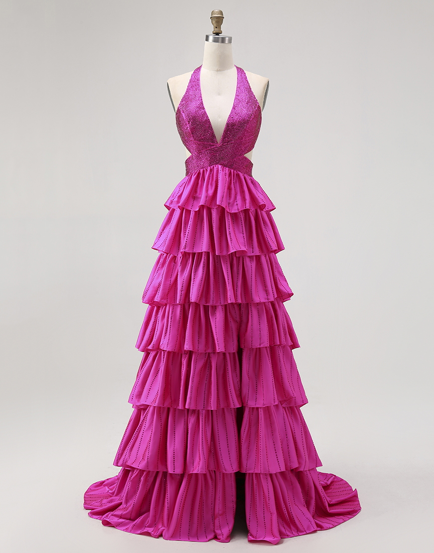 Sparkly Fuchsia A-Line Halter Ruffled Long Prom Dress with Beading