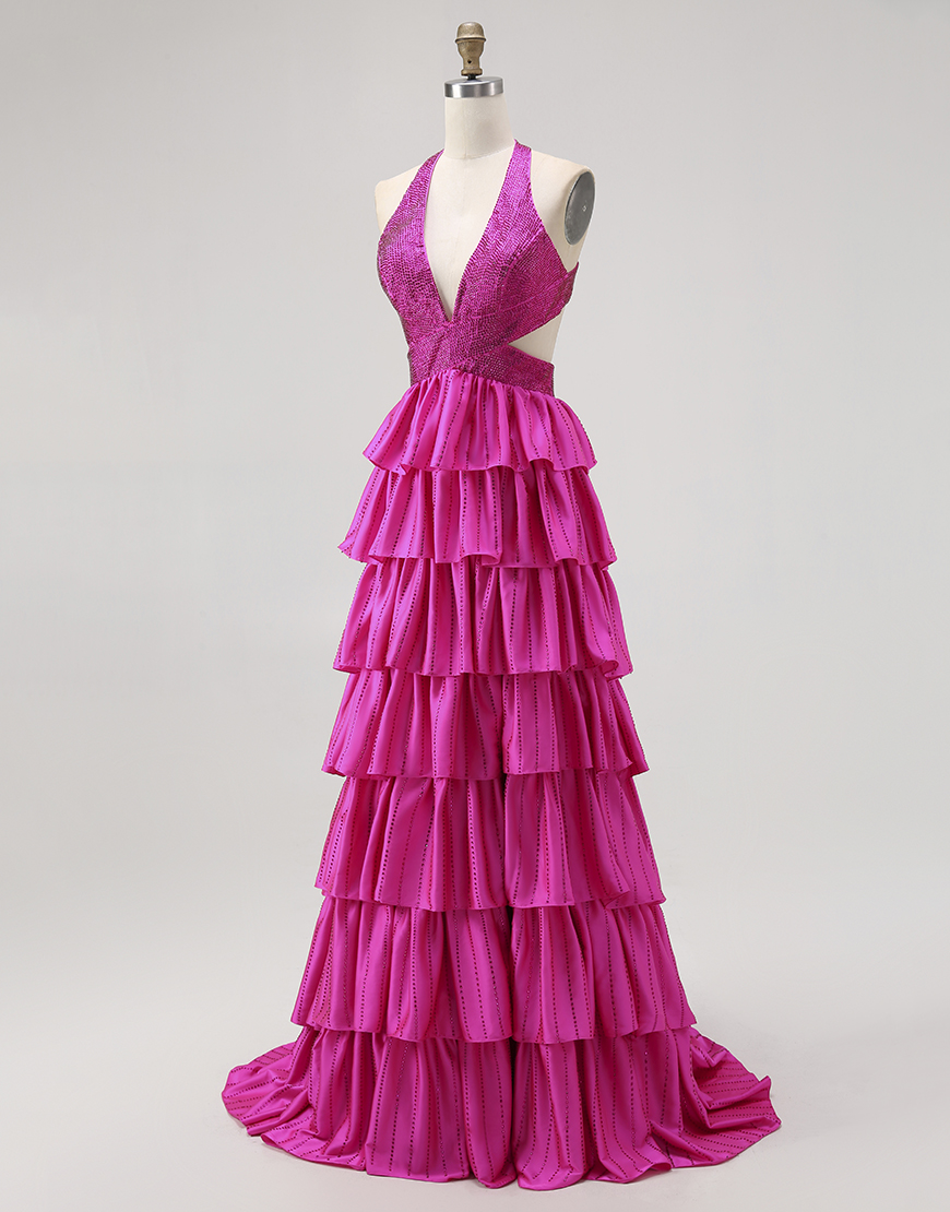 Sparkly Fuchsia A-Line Halter Ruffled Long Prom Dress with Beading