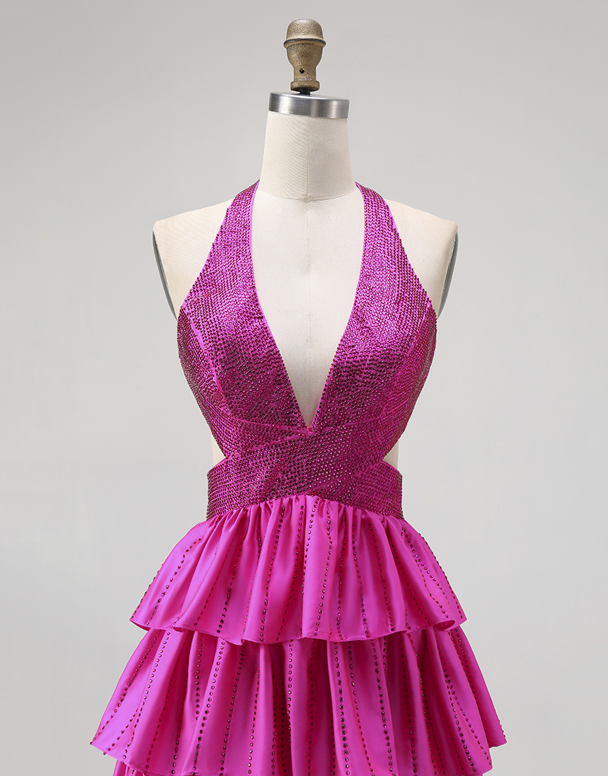 Sparkly Fuchsia A-Line Halter Ruffled Long Prom Dress with Beading