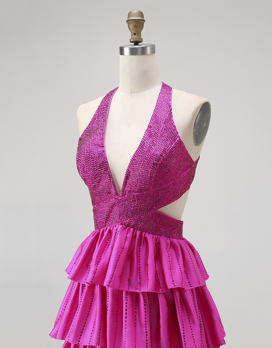 Sparkly Fuchsia A-Line Halter Ruffled Long Prom Dress with Beading