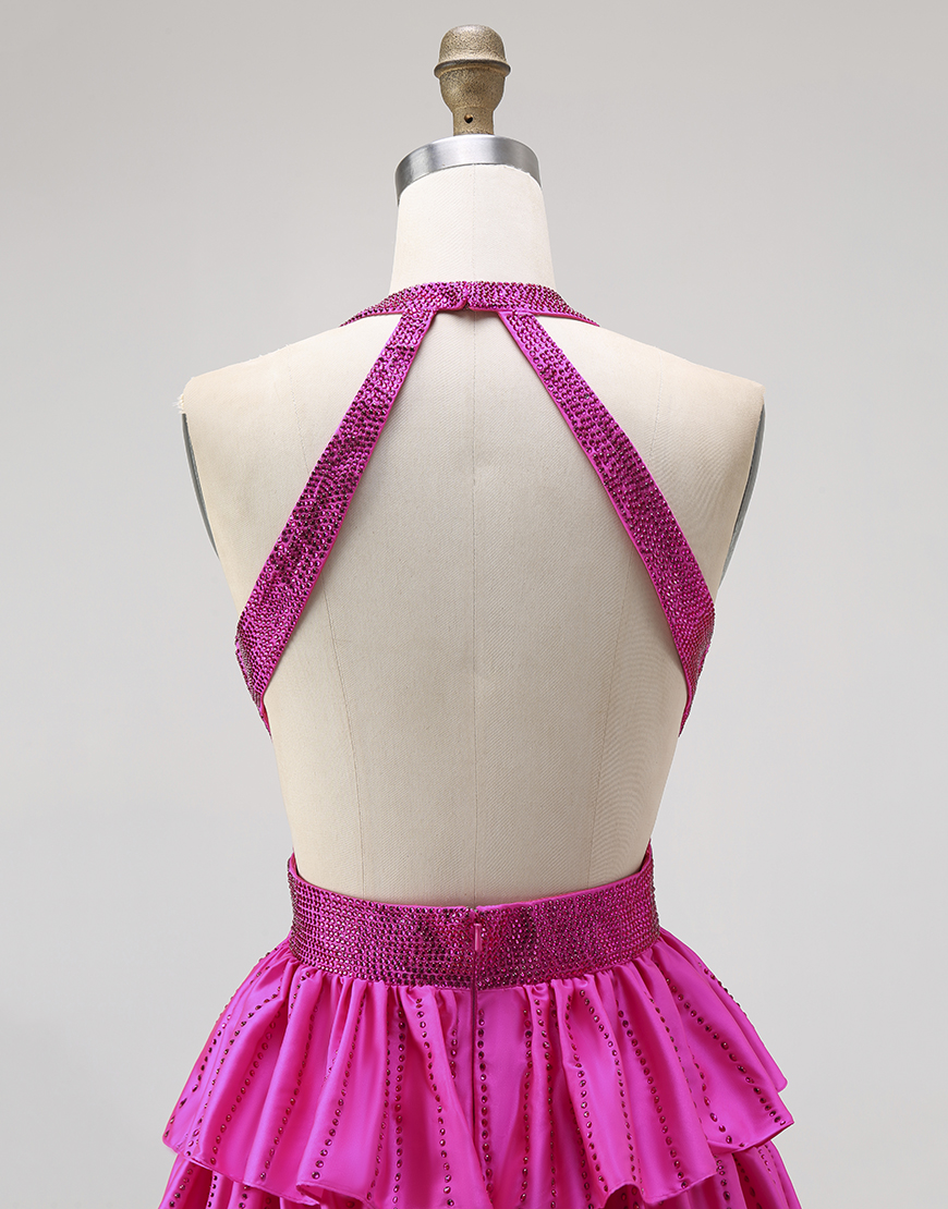 Sparkly Fuchsia A-Line Halter Ruffled Long Prom Dress with Beading