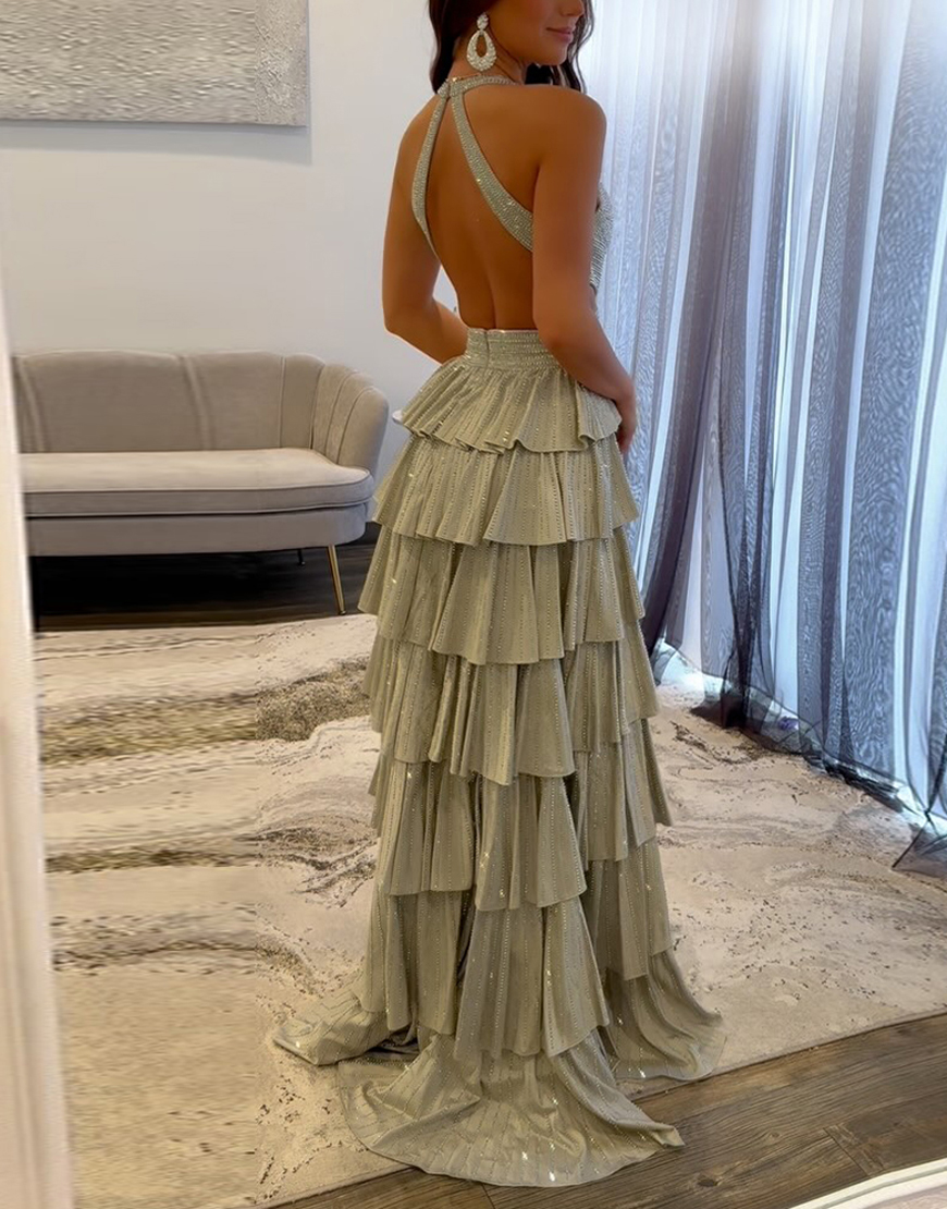 Sparkly Fuchsia Halter Beaded Ruffled Long Prom Dress with Slit