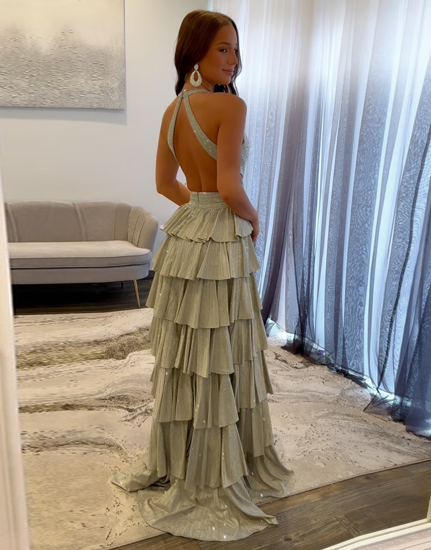 Sparkly Fuchsia A-Line Halter Beaded Ruffles Long Prom Dress with Slit