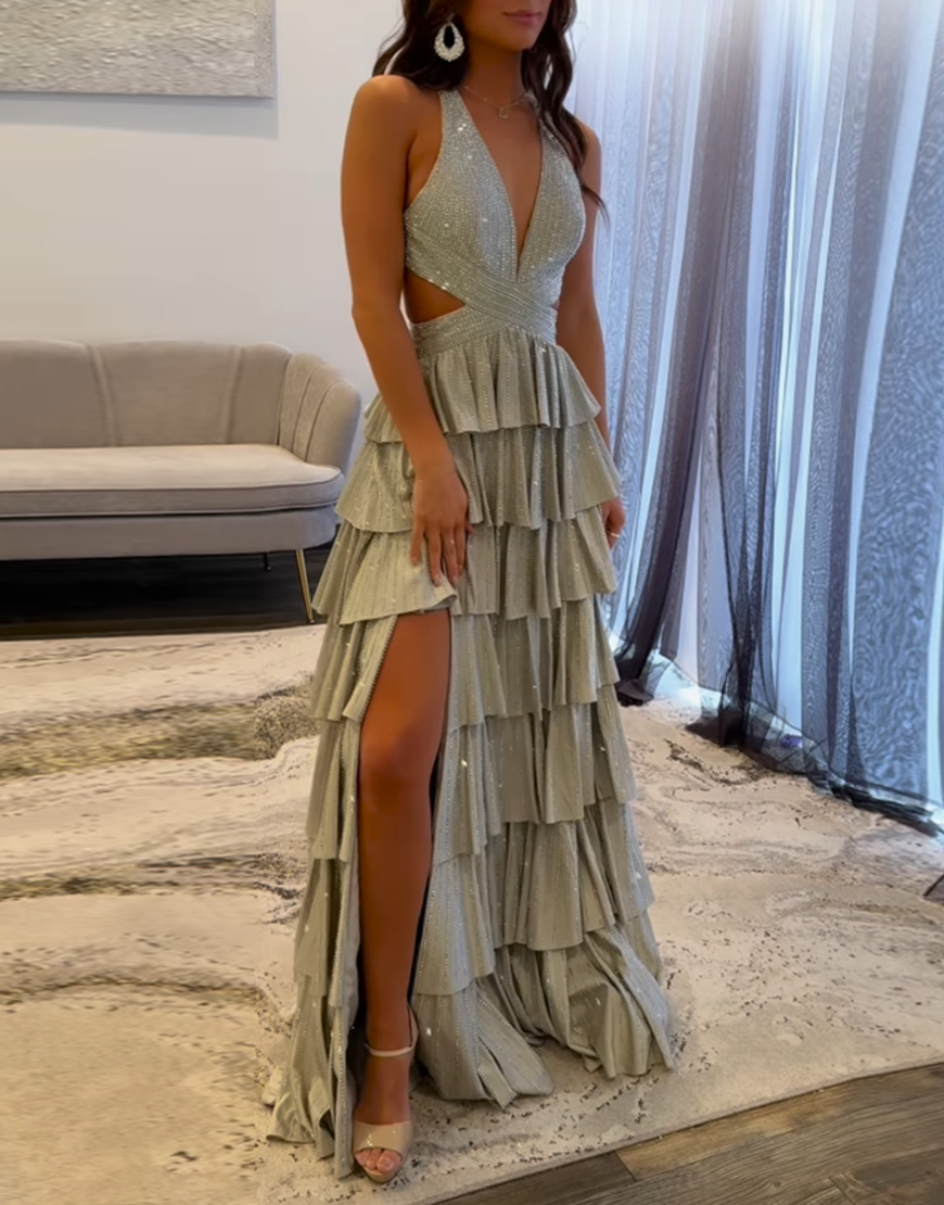 Sparkly Fuchsia Halter Beaded Ruffled Long Prom Dress with Slit