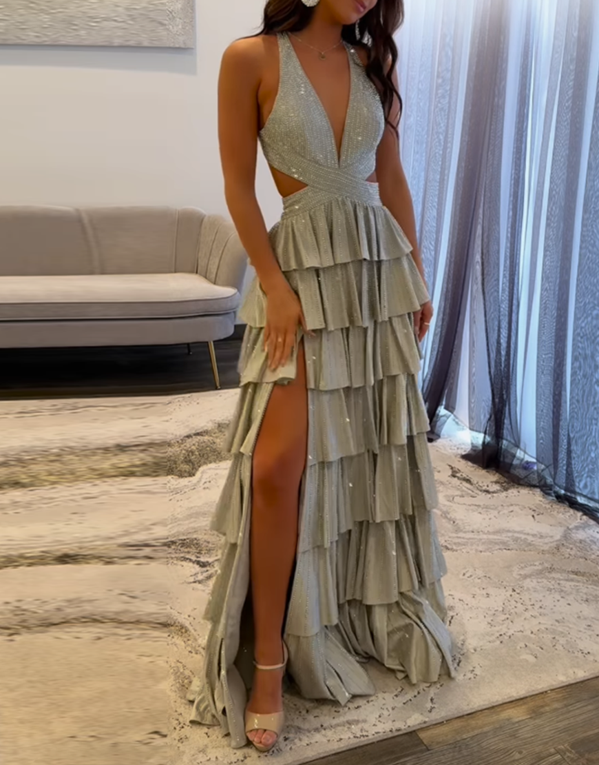 Sparkly Fuchsia Halter Beaded Ruffled Long Prom Dress with Slit