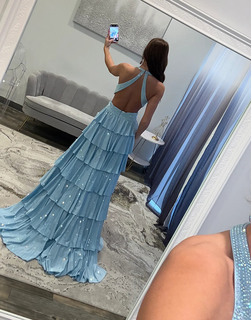 Sparkly Fuchsia Halter Beaded Ruffled Long Prom Dress with Slit