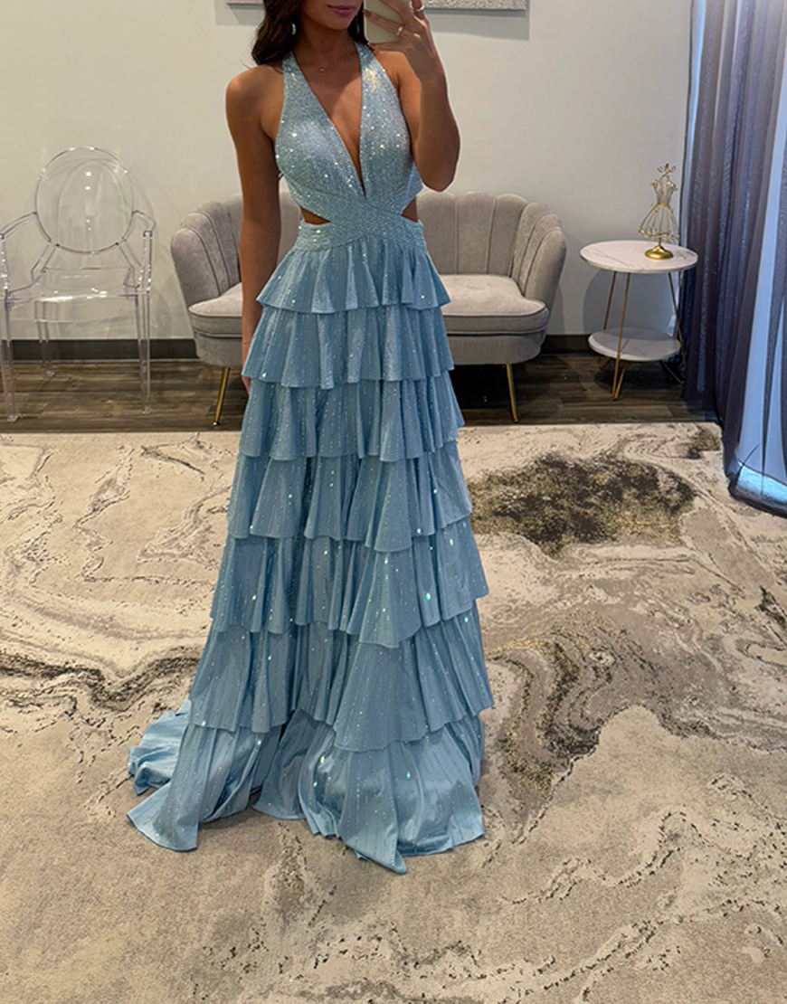 Sparkly Fuchsia Halter Beaded Ruffled Long Prom Dress with Slit