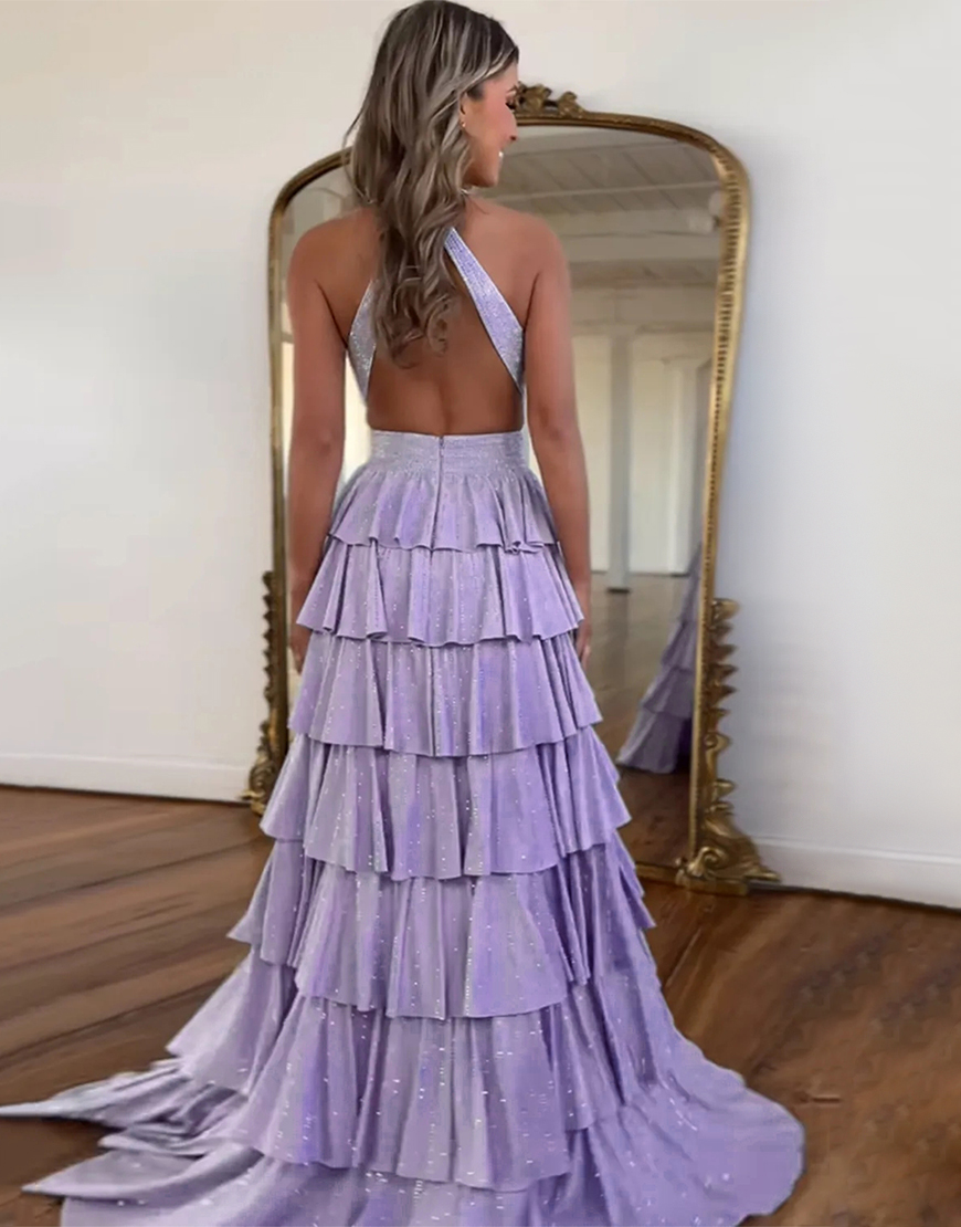 Sparkly Light Purple A-Line Halter Beaded Ruffled Long Prom Dress with Slit