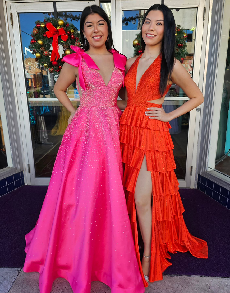 Sparkly Fuchsia A-Line Halter Beaded Ruffles Long Prom Dress with Slit