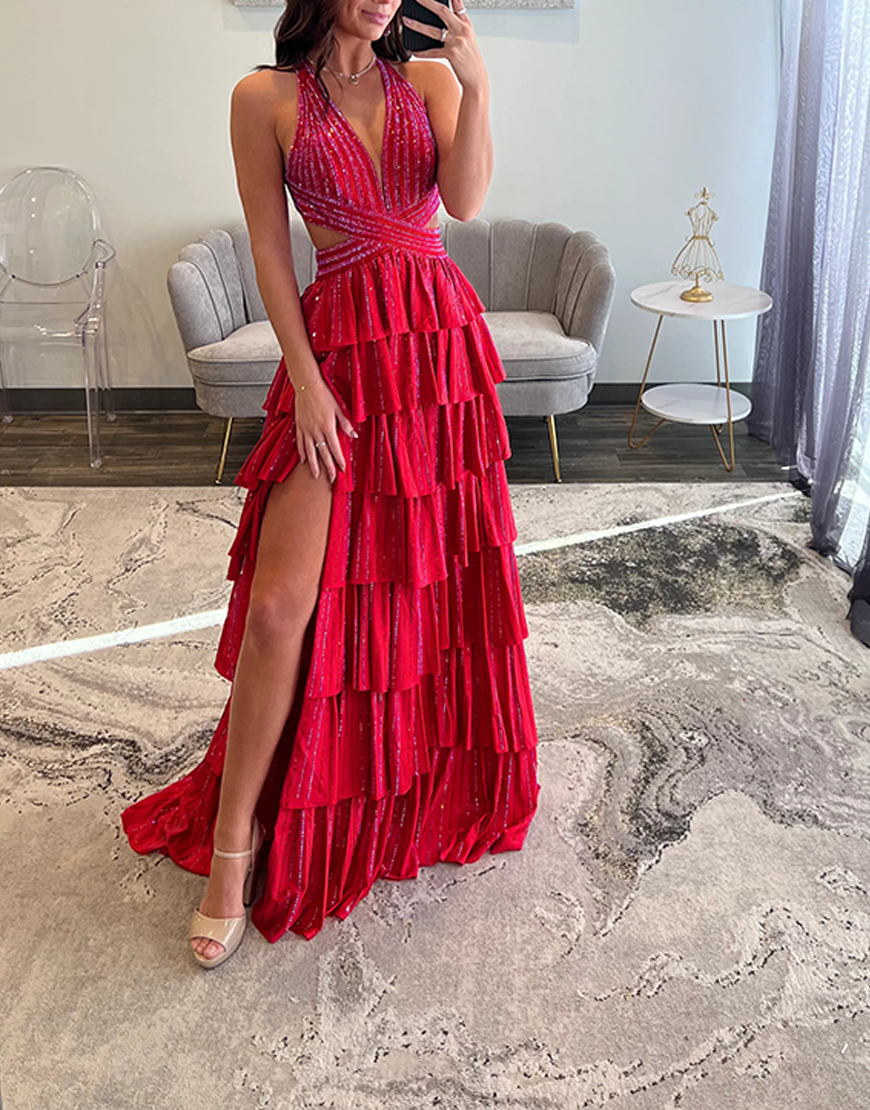 Sparkly Fuchsia A-Line Halter Ruffled Long Prom Dress with Beading