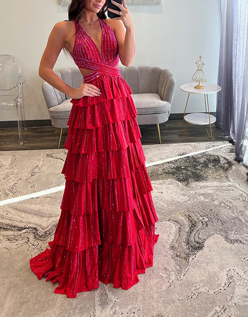 Sparkly Fuchsia A-Line Halter Ruffled Long Prom Dress with Beading