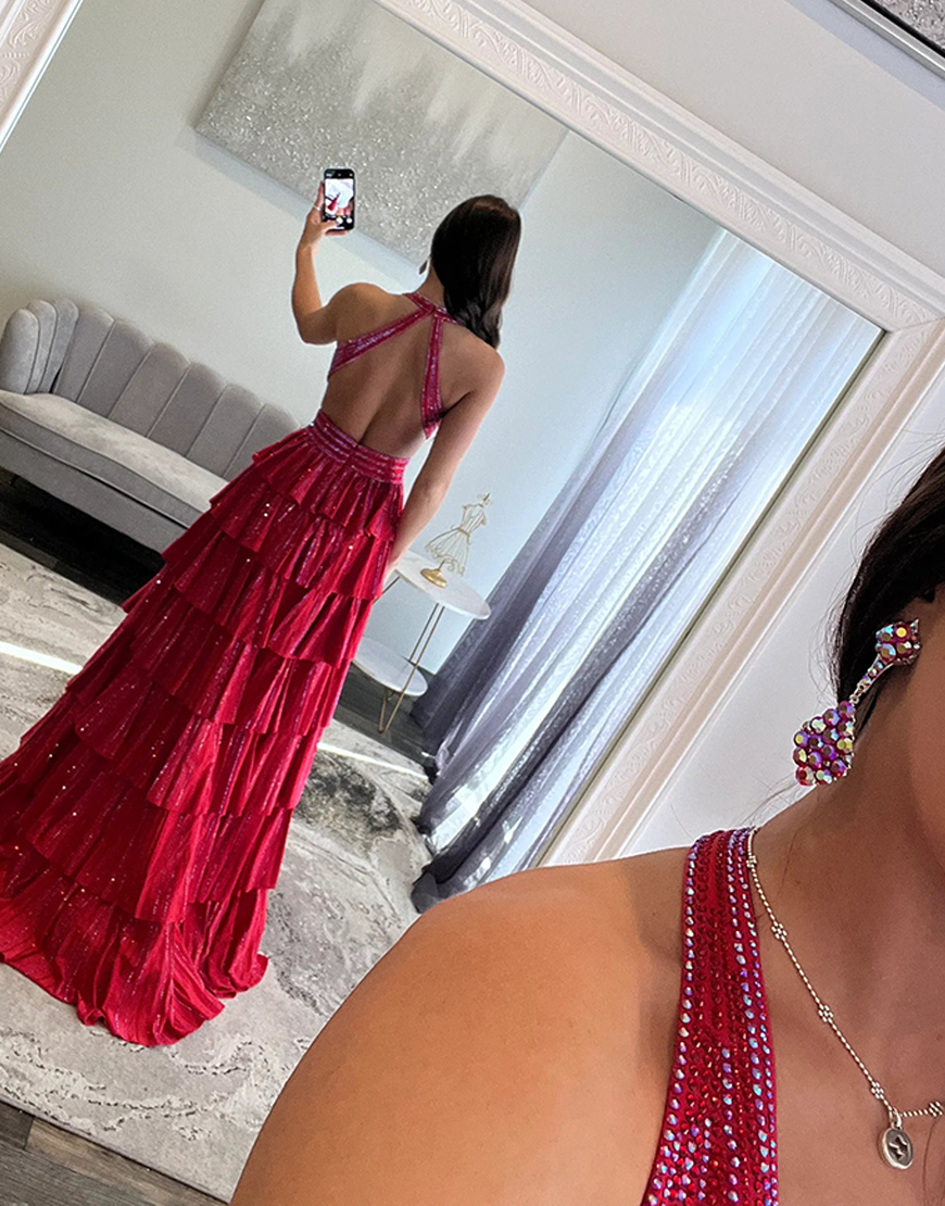 Sparkly Fuchsia A-Line Halter Ruffled Long Prom Dress with Beading