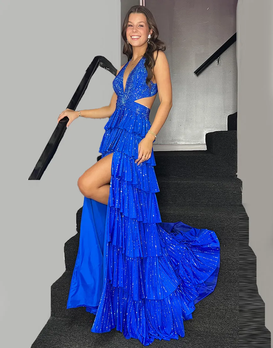 Sparkly Grey A-Line Halter Beaded Ruffles Long Prom Dress with Slit