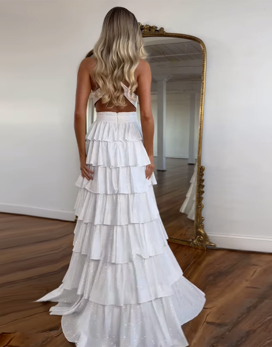 Sparkly Fuchsia A-Line Halter Beaded Ruffles Long Prom Dress with Slit