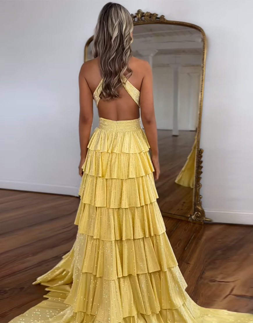 Sparkly Fuchsia A-Line Halter Beaded Ruffles Long Prom Dress with Slit