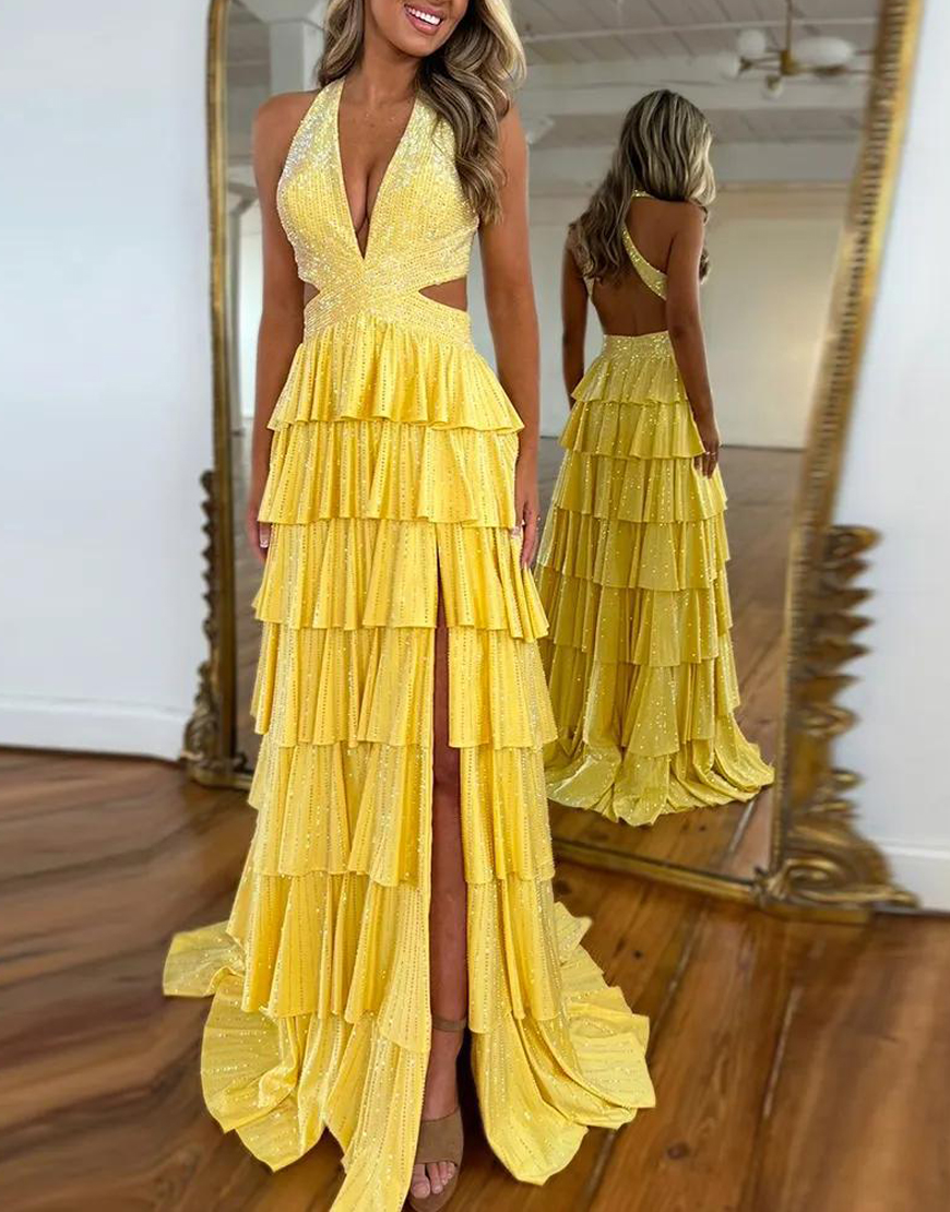 Sparkly Fuchsia Halter Beaded Ruffled Long Prom Dress with Slit