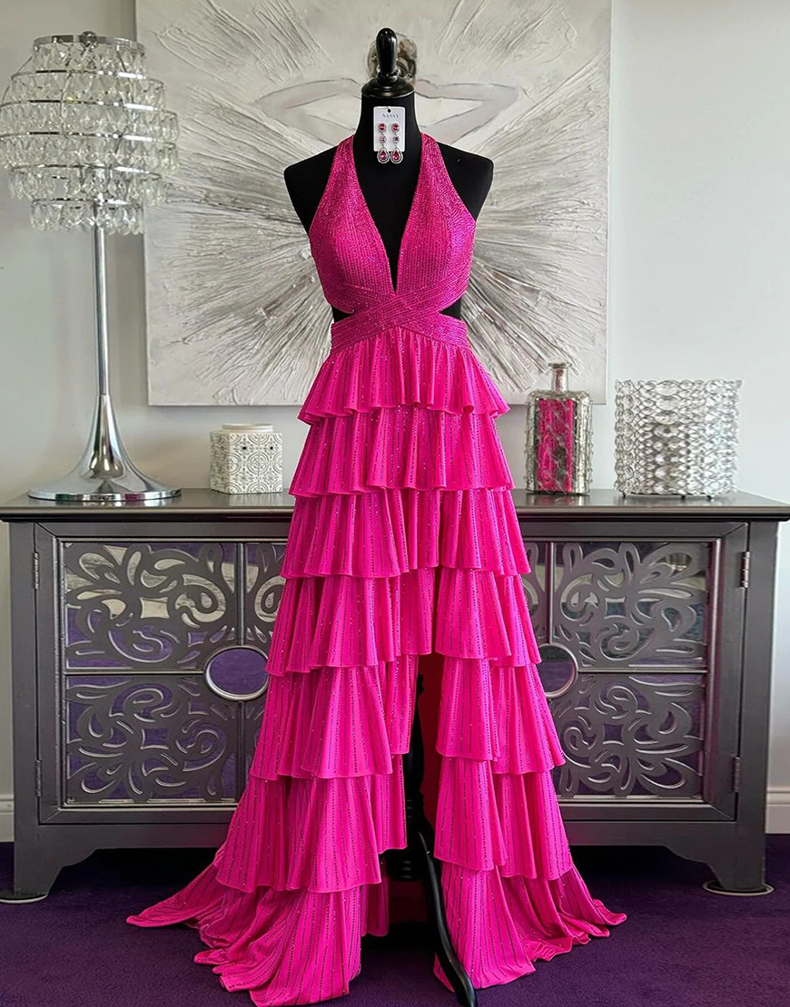 Sparkly Fuchsia Halter Beaded Ruffled Long Prom Dress with Slit