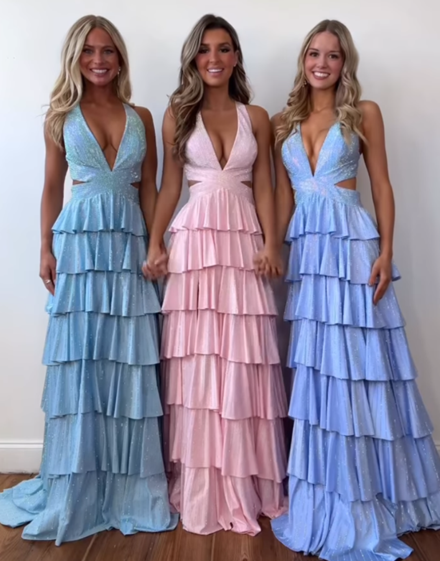 Sparkly Fuchsia A-Line Halter Ruffled Long Prom Dress with Beading