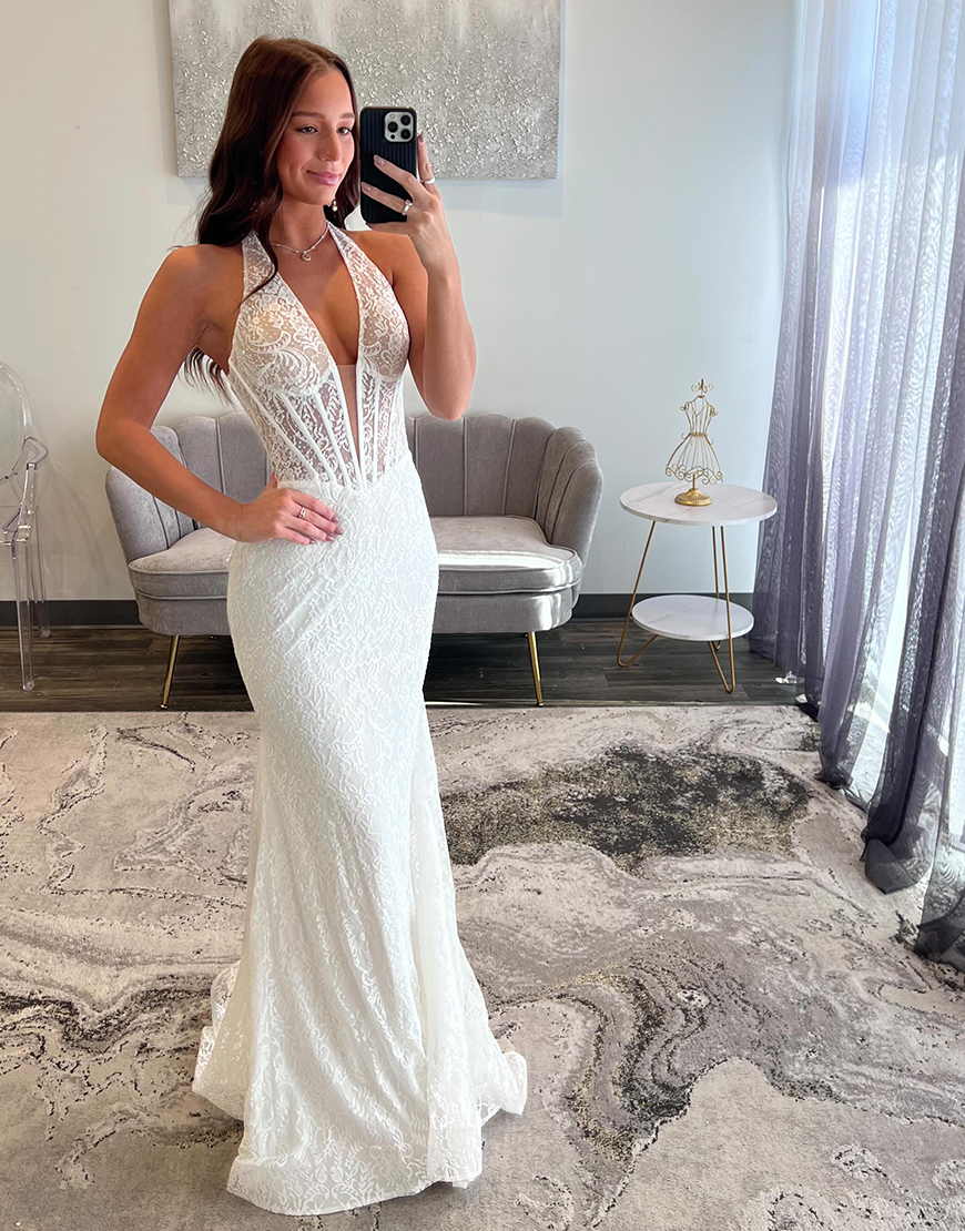 Sparkly Yellow Mermaid Halter Corset Lace Long Prom Dress