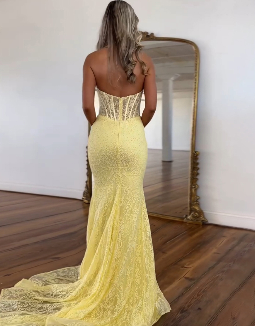 Sparkly Yellow Mermaid Halter Corset Lace Long Prom Dress