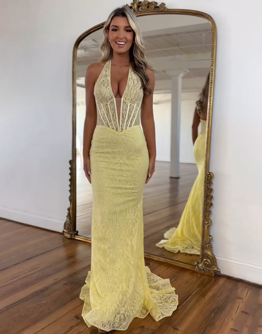 Sparkly Yellow Mermaid Halter Corset Lace Long Prom Dress
