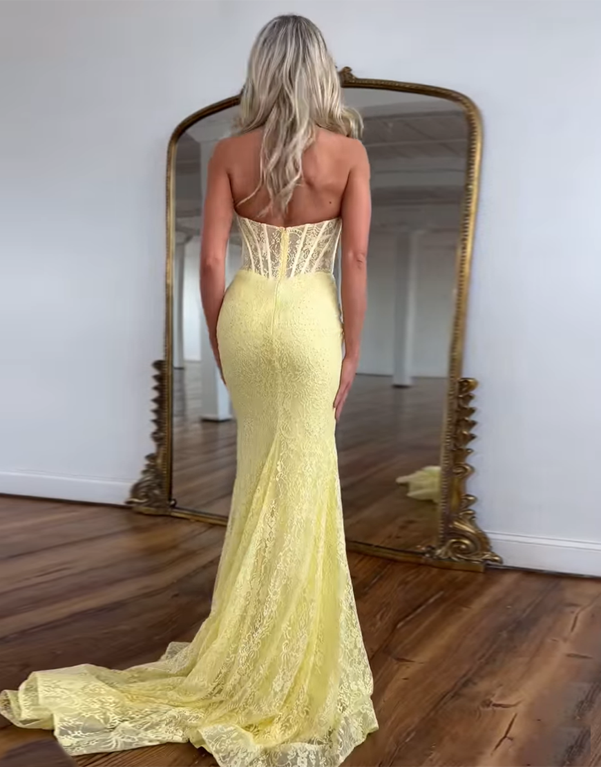 Sparkly Yellow Mermaid Corset Lace Halter Long Prom Dress
