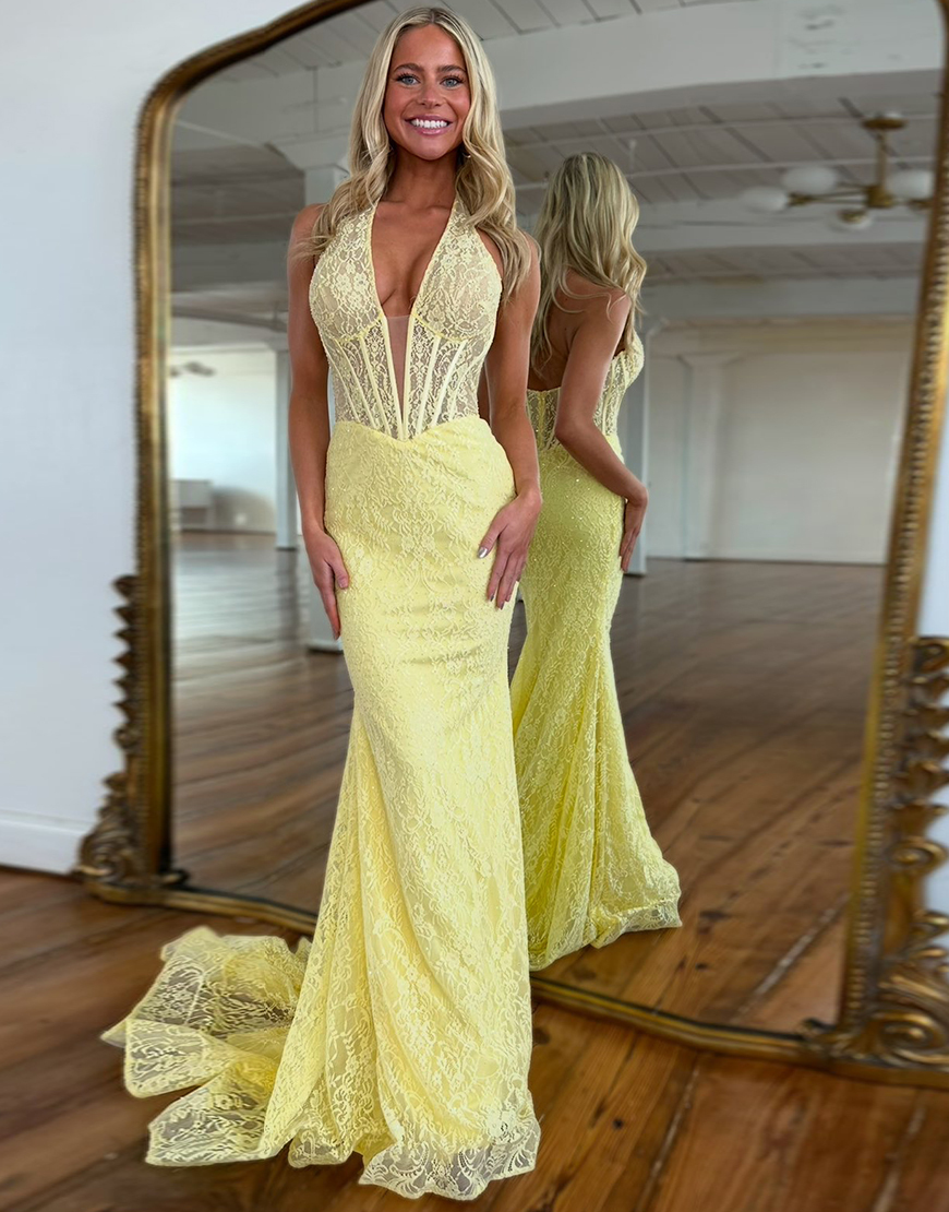 Sparkly Yellow Mermaid Corset Lace Halter Long Prom Dress