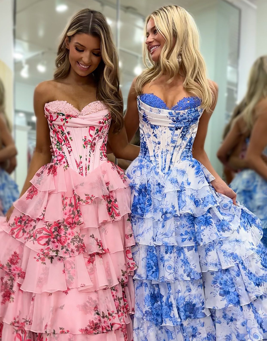 Berlinnova Women White Blue Flower Long Prom Dress Ball Gown Strapless Corset Tiered Tulle Pageant Dress with Slit