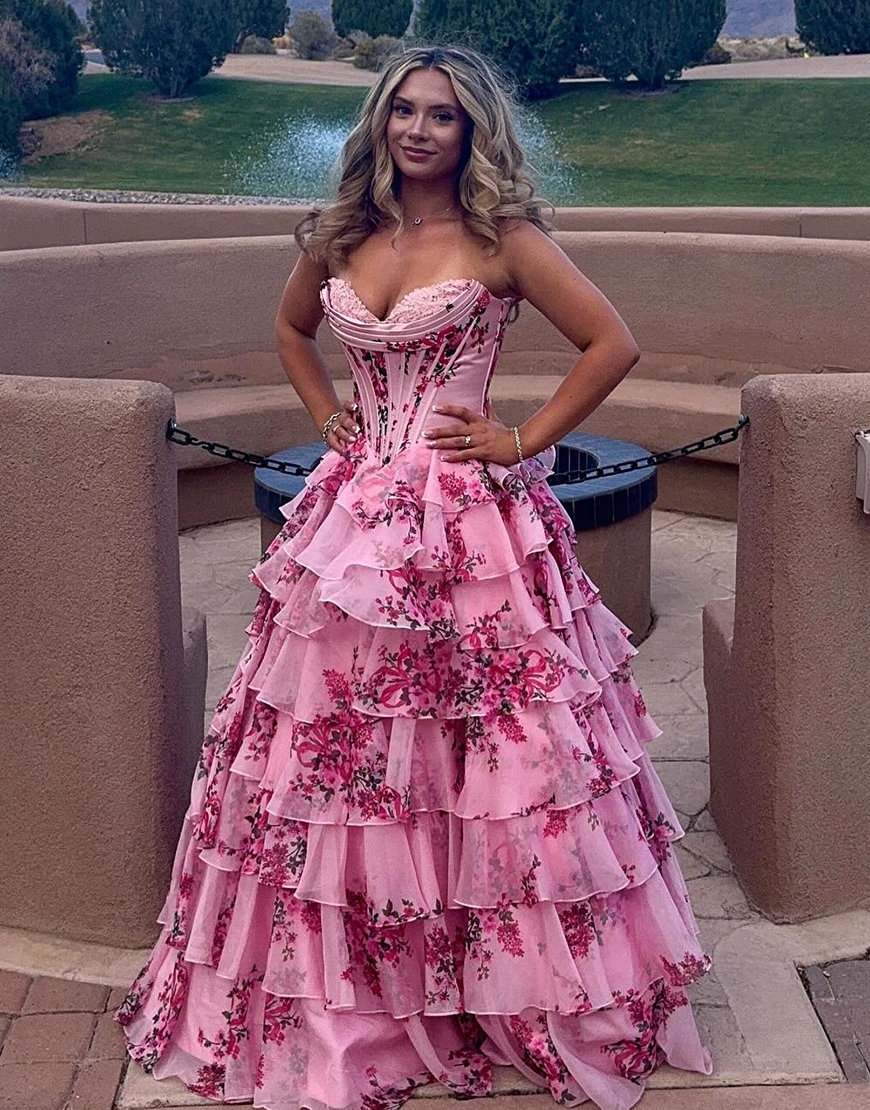 Berlinnova Women Blush Floral A Line Long Prom Dress with Ruffles Corset Strapless Tiered Military Ball Dress with Slit