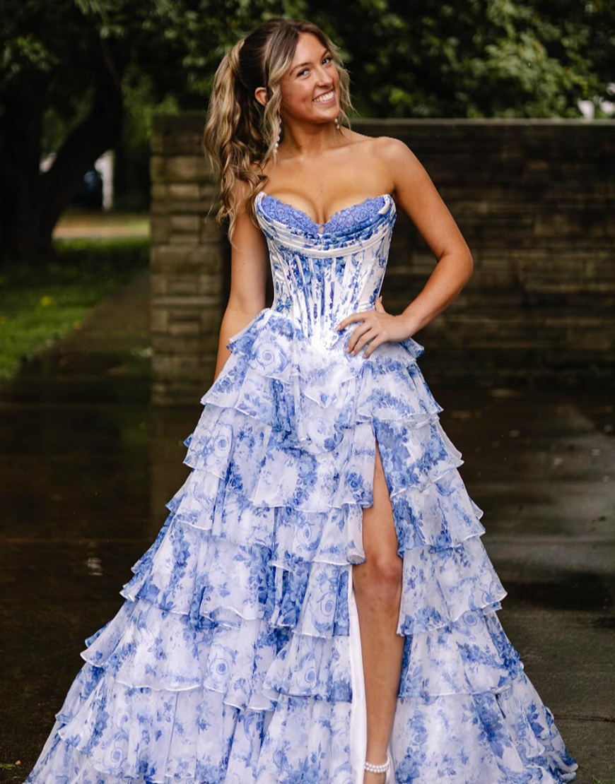 Blush Flower A-Line Strapless Corset Ruffles Long Prom Dress with Slit