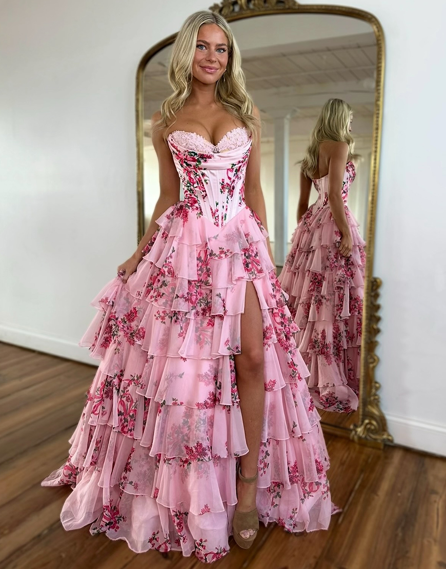 Blush Flower A-Line Strapless Corset Ruffles Long Prom Dress with Slit
