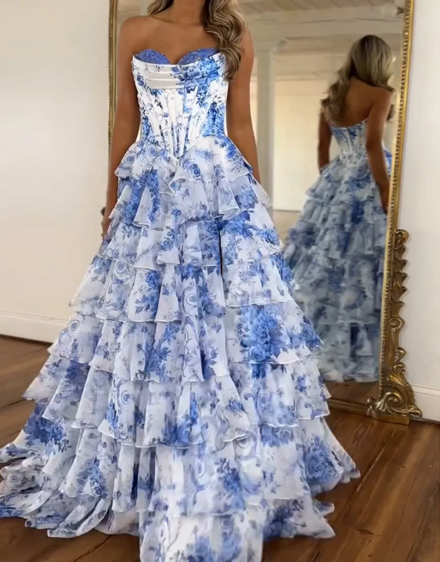 Berlinnova Women White Blue Flower Long Prom Dress Ball Gown Strapless Corset Tiered Tulle Pageant Dress with Slit