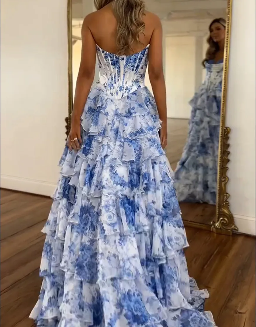 Berlinnova Women White Blue Flower Long Prom Dress Ball Gown Strapless Corset Tiered Tulle Pageant Dress with Slit