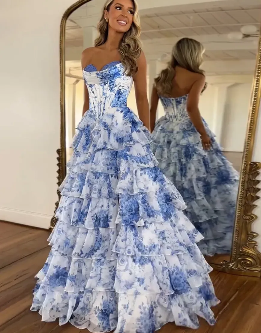 A-Line Blush Flower Strapless Corset Tiered Tulle Long Prom Dress with Slit