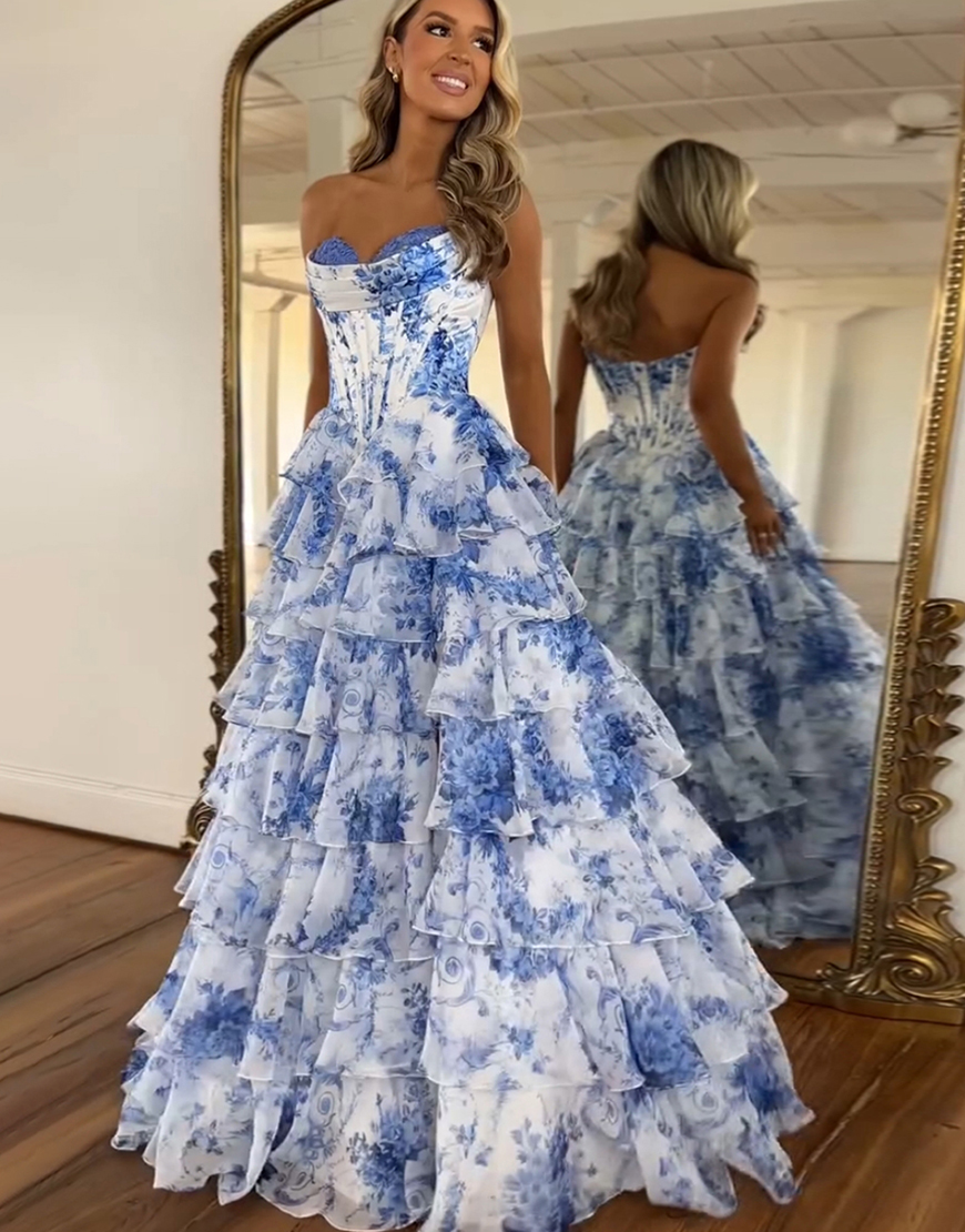 Berlinnova Women Puff Princess White Blue Flower Long Prom Dress A-Line Strapless Corset Ruffles Ball Gown with Slit