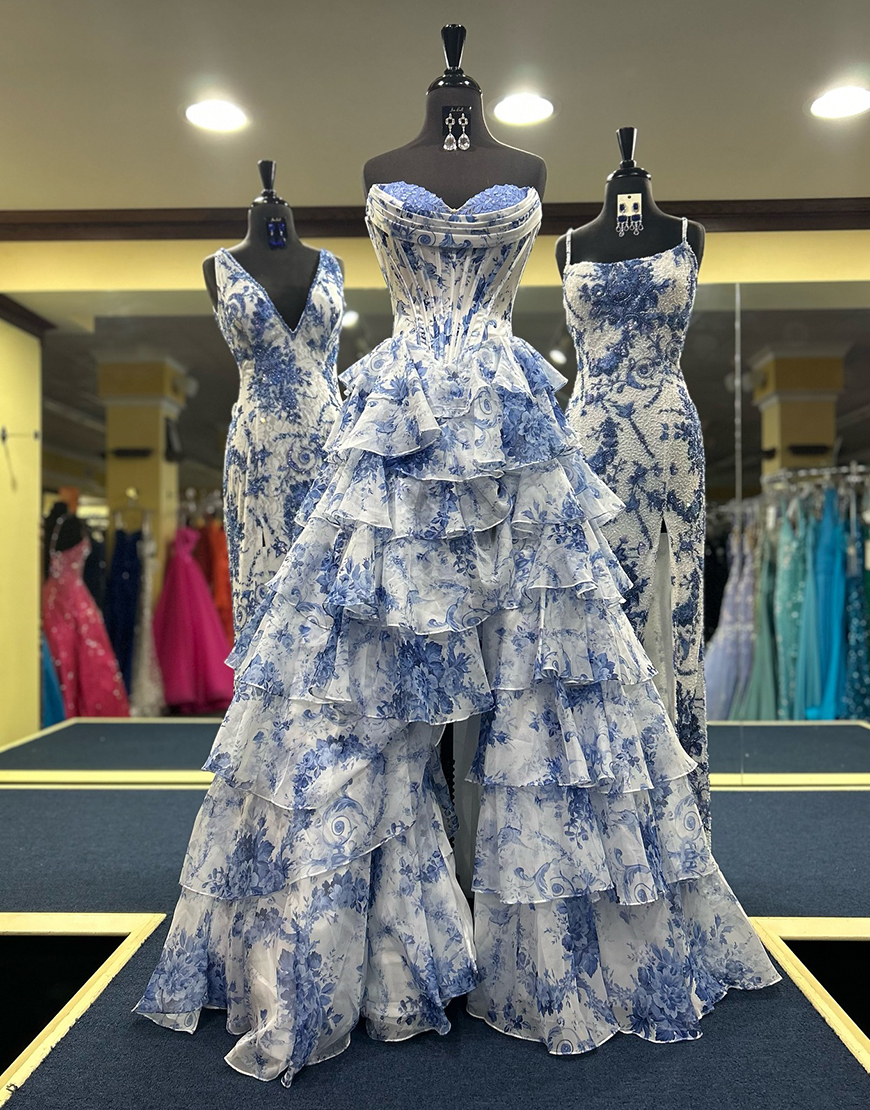 White Blue Flower A-Line Strapless Corset Ruffles Long Prom Dress with Slit