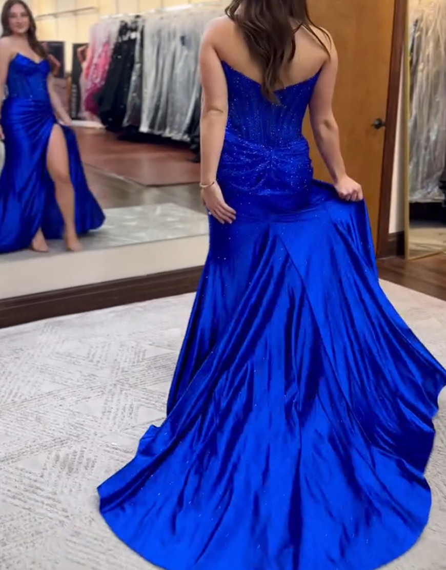 Sparkly Royal Blue Mermaid Strapless Beaded Corset Ruched Long Prom Dress with Slit