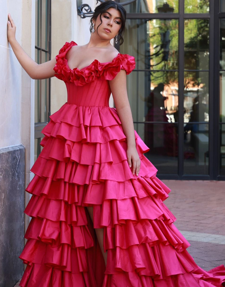 Fuchsia A-Line Ruffled Off the Shoulder Corset Tiered Long Prom Dress with Slit