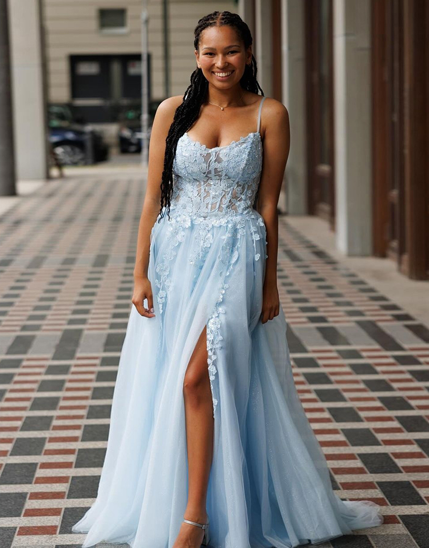 Sparkly Light Blue Spaghetti Straps A-Line Corset Appliques Long Prom Dress with Slit